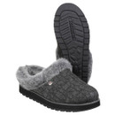 A pair of charcoal grey knit mule slippers with plush faux fur lining. One slipper is upright showing a ridged black rubber sole with the Skechers logo, while the other is laid flat, highlighting the textured knit upper and cosy interior.