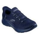 Angled view of a navy blue Skechers Slip-ins trainer featuring a breathable mesh upper, and a cushioned sole.
