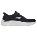 A side view of a black Skechers trainer with a white cushioned sole.