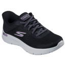 An angled view of a black Skechers trainer with a white cushioned sole.