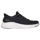 Side view of a black Skechers Slip-ins trainer with a quilted textile upper, rose gold eyelets and a thick white sole.