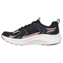 A side view of a black and rose gold Skechers Arch Fit trainer with a lace-up front, and  white cushioned sole.