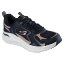 Angled view of a black and rose gold Skechers Arch Fit trainer with a lace-up front, and  white cushioned sole.