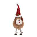 Front-facing plush festive dog decoration with a fluffy brown body, oversized white snout, red Santa hat with holly and snowflakes, and springy legs wearing white booties.
