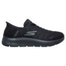 Side view of a black Skechers GO WALK Slip-ins trainer featuring a smooth, minimalist upper with a sculpted cushioned sole.