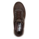 Top view of a brown Skechers GO WALK Slip-ins trainer featuring a smooth faux leather upper, elasticated lace design, and padded collar.