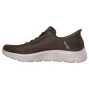 Side view of a brown Skechers GO WALK Slip-ins trainer with a smooth faux leather upper, elasticated laces, and a light beige cushioned sole.