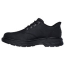A side view of a black Skechers lace-up shoe featuring a smooth leather upper with metal eyelets, rounded toe, and thick rugged outsole.