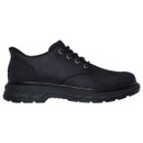 A side view of a black Skechers lace-up shoe featuring a smooth leather upper with metal eyelets, rounded toe, and thick rugged outsole.