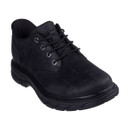 Angled view of a black Skechers lace-up shoe featuring a smooth leather upper with metal eyelets, rounded toe, and thick rugged outsole.