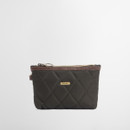Quilted black pouch with a diamond pattern, brown trim, and gold zipper. Displays a small gold logo plaque on the front, conveying elegance.