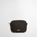 Quilted dark brown shoulder bag with a diamond pattern, adjustable strap, and a gold brand label on the front. Minimalist design against a white background.