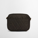 A small, rectangular, quilted bag in dark brown with a diamond pattern. It has gold hardware and a simple, elegant design against a plain white background.