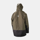 A person wearing a two-toned green and black hooded jacket, viewed from the back. The design includes a logo and reflective piping for visibility.