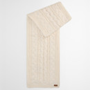 Cream cable-knit scarf with intricate braided pattern, neatly folded. The texture is thick and cosy, conveying warmth and comfort.
