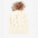 Cream-coloured knit beanie with a ribbed edge and braided cable pattern, topped with a fluffy brown pom-pom. Soft and cosy winter accessory.