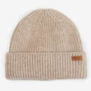 Cosy beige knit beanie with ribbed texture and folded brim. Leather patch with logo on the side, conveying a warm and stylish winter accessory.