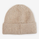 Beige knitted beanie with a folded cuff, featuring a cosy, textured pattern. The hat is simple and warm, conveying a sense of comfort.
