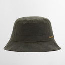 Dark green bucket hat with a wide brim, made of weathered-looking material. The logo is embroidered in yellow on the side, set against a plain backdrop.