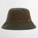 A two-tone bucket hat with an olive green top and dark brown band, featuring subtle stitching. The brim is also olive green. The mood is casual and outdoorsy.