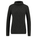 Dark green cable-knit sweater with a turtleneck and diamond pattern. The cosy texture and classic design convey warmth and comfort.