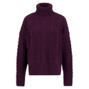 Deep purple cable-knit turtleneck sweater with prominent ribbed details at the cuffs and hem, conveying warmth and cosy elegance.