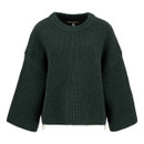 Dark green, chunky knit sweater with a wide, ribbed texture, long sleeves, and round neckline. The cosy design gives a warm and comfortable vibe.