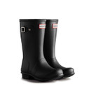 A pair of mid-height black Hunter wellington boots.