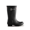 A side view of a black Hunter wellington boot with a branded silver buckle.