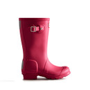 A side view of a pink Hunter wellington boot with a branded silver buckle.