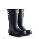 A pair of mid-height navy Hunter wellington boots.