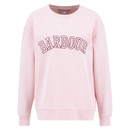 Light pink sweatshirt with "Barbour" in bold, red letters across the chest. Features a relaxed fit and ribbed cuffs, conveying a casual, cozy feel.