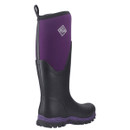 Angled rear view of the Muck Boots Women's Arctic Sport Tall II Wellington Boot in black and acai purple, showing the high neoprene shaft, pull tab, and rugged outsole. Angled rear view of the Muck Boots Women's Arctic Sport Tall II Wellington Boot in black and acai purple, showing the high neoprene shaft, pull tab, and rugged outsole.