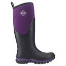 Side profile of the Muck Boots Women's Arctic Sport Tall II Wellington Boot in black and acai, highlighting the waterproof rubber lower, neoprene upper, and treaded sole. Side profile of the Muck Boots Women's Arctic Sport Tall II Wellington Boot in black and acai, highlighting the waterproof rubber lower, neoprene upper, and treaded sole.