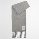 A soft, light grey scarf with fringe ends, folded at the top. A white label with the word “Barbour” in orange is sewn near the bottom, conveying elegance.