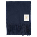 Navy blue scarf with a soft, fuzzy texture and fringe at the bottom. A white label on the right reads "Barbour South Shields" in gold text.
