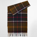 Plaid wool scarf with a pattern of dark green, brown, red, and white stripes, featuring fringed ends. The design is cosy and stylish.