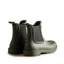 The back of a pair of dark olive green Chelsea boot style Hunter wellingtons.