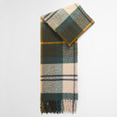 Plaid wool scarf with green, grey, and beige checks, featuring fringed edges. The cosy texture and warm colours give a comforting, stylish vibe.