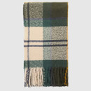 Plaid woollen scarf with a classic check pattern in green, cream, and navy. The fringe detail adds texture. Conveys warmth and classic style.