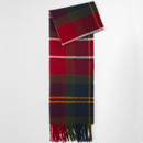 Plaid scarf with red, green, and navy blue squares, and yellow stripes, featuring fringe at the ends. The fabric appears soft and warm.