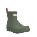 A lichen green coloured short Hunter wellington boot.