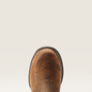 Brown leather boot with intricate stitching on the toe, featuring leaf and line patterns. The background is plain and light, highlighting the boot.