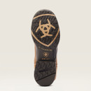 Close-up of a boot sole with a geometric tread pattern. The text reads "Oil/Slip Resisting" and "Ariat" with a logo. The tone is functional and rugged.