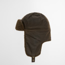 A trapper hat with faux fur lining and ear flaps is shown against a plain white background. The hat has a rugged, cosy appearance.