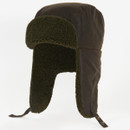 Trapper hat with warm olive green fleece lining and ear flaps. Two buttons on the straps. Cosy and rustic winter apparel.