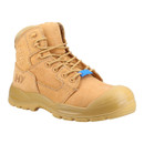 Tan leather safety work boot with padded ankle support, reinforced toe cap, durable outsole, and a blue lace tag, featuring the embossed letters 'HY' on the heel.
