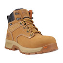 Wheat-coloured Timberland PRO safety boot with composite toe, black padded collar, yellow-striped laces, contrast stitching, and rugged slip-resistant sole designed for industrial work environments.