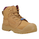 Tan leather safety boot with reinforced toe cap, tan laces with a blue lace tag, burgundy padded collar lining, and 'HY' branding on the heel, designed for industrial or construction use.