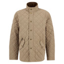 Tan quilted jacket with a high collar and snap buttons down the front. It features diagonal pockets with button flaps, conveying a classic, stylish look.